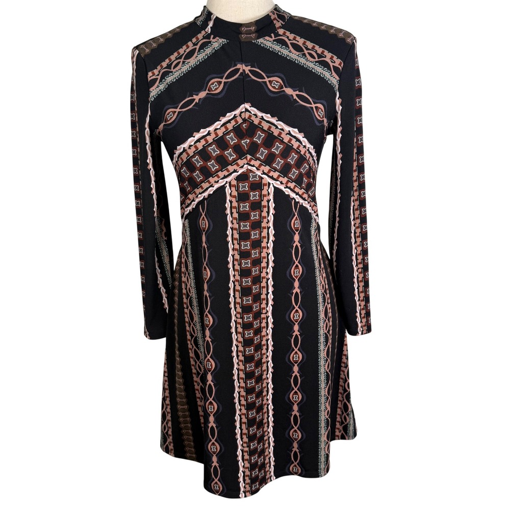 Free People Mini Dress Womens Small Black Boho Geometric Mock Neck Long Sleeve S